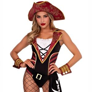 Black and Red Striped Bodysuit with Gold Trim